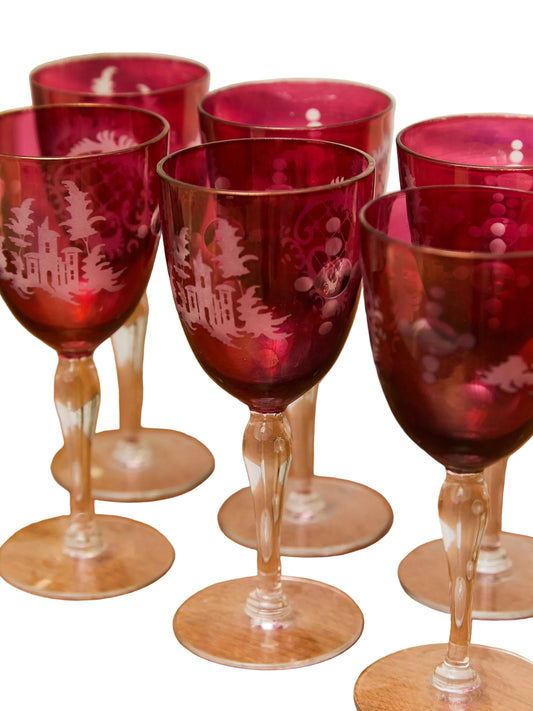 Ruby Red Bohemian Wine Glass Set of 7