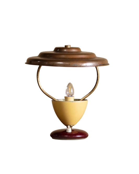 Atomic Enameled Yellow & Burgundy Steel Table Lamp, Italy, 1960's