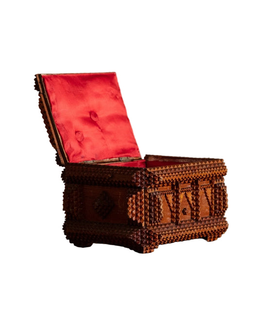 Tramp Art Box with Red Fabric Lining, United States, Early 20th Century