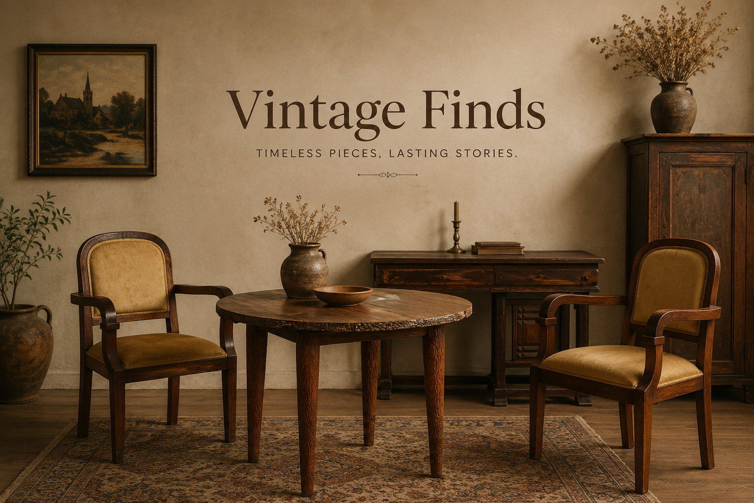 Vintage-style room with wooden furniture and decor, featuring the text 'Vintage Finds'.