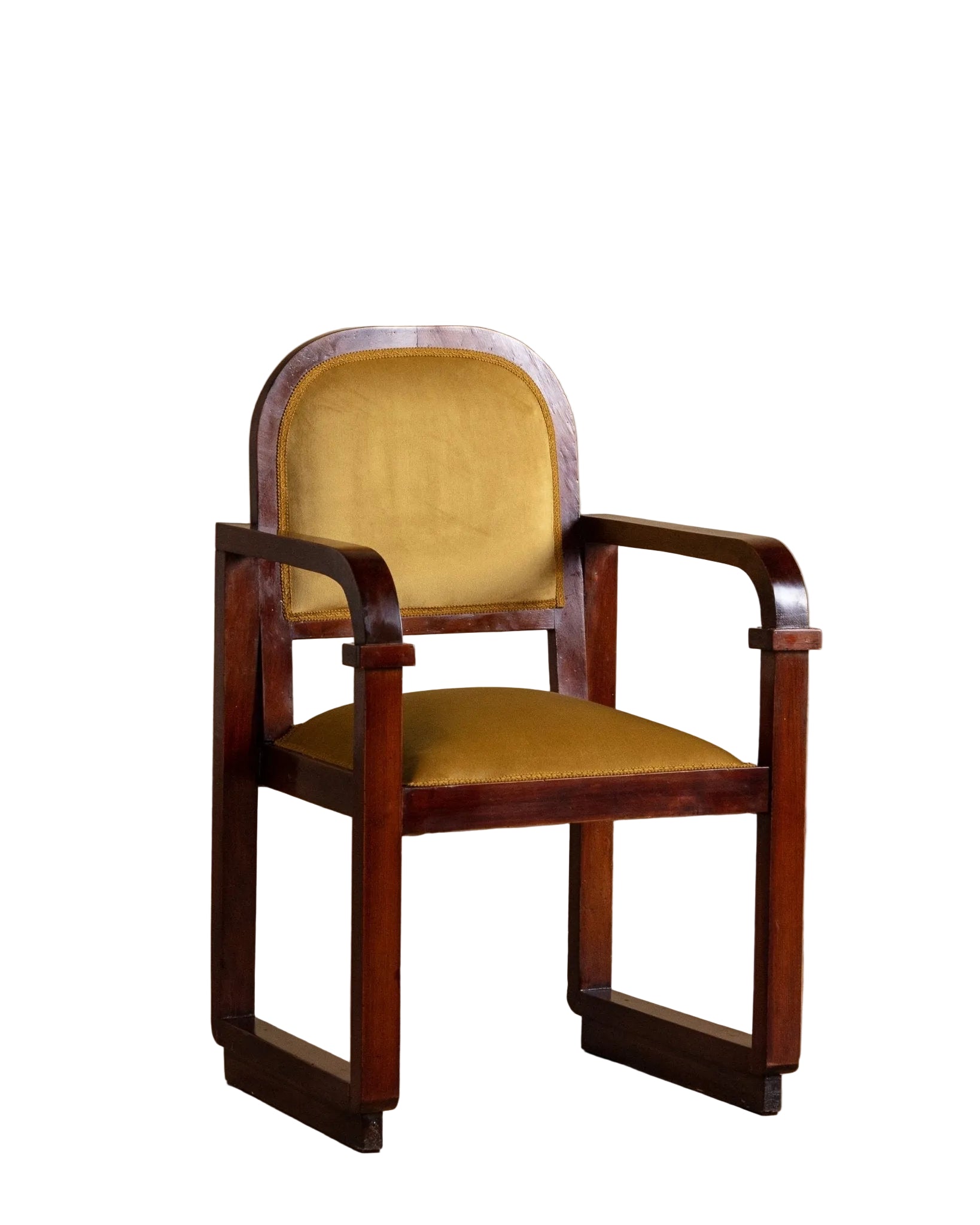 Wooden chair with yellow cushion on a wooden floor and beige wall background