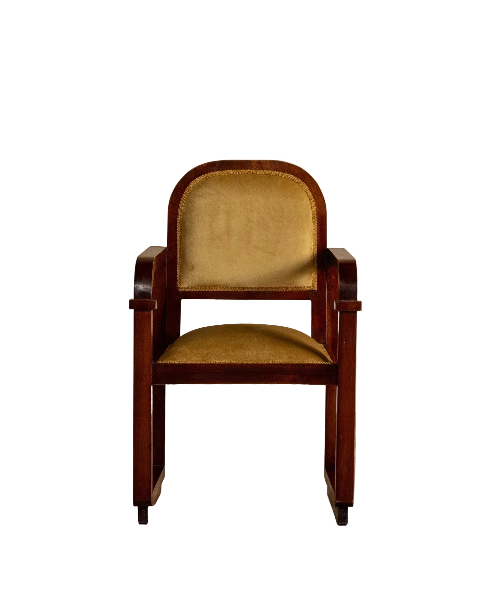 Chair with yellow cushion on a wooden floor and beige wall