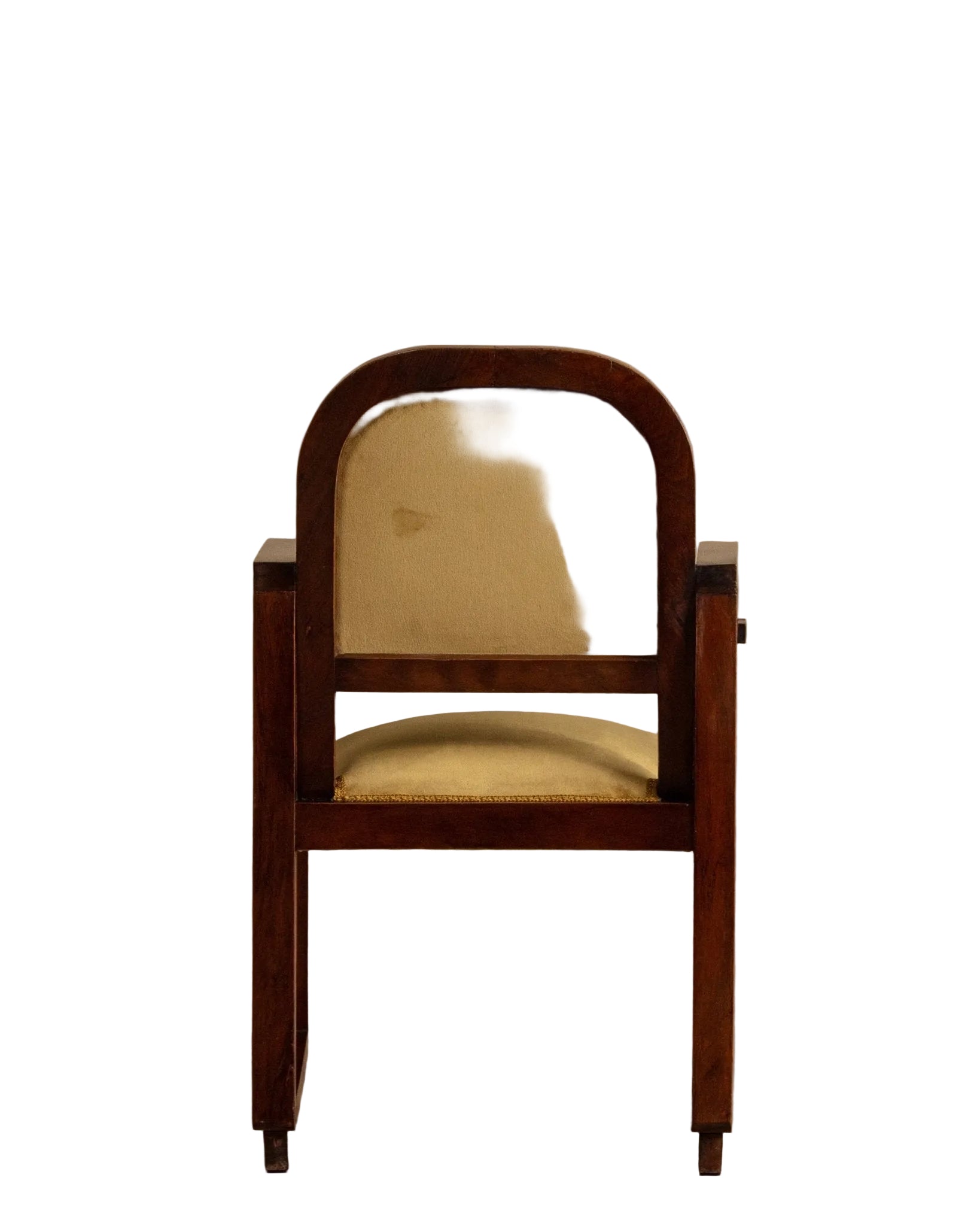 Wooden chair with beige cushion on a wooden floor and beige wall background