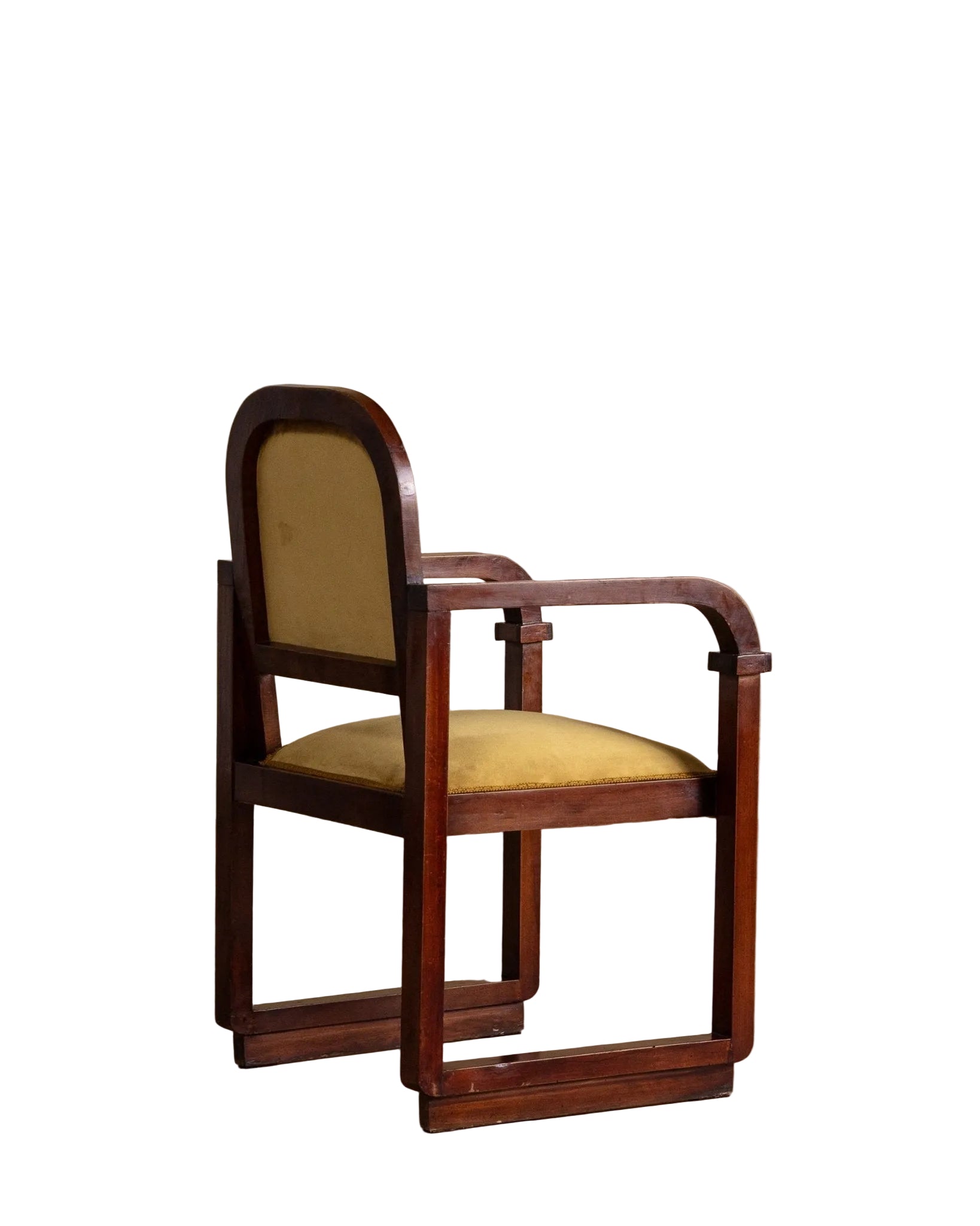 Wooden chair with a yellow cushion on a wooden floor and beige wall background